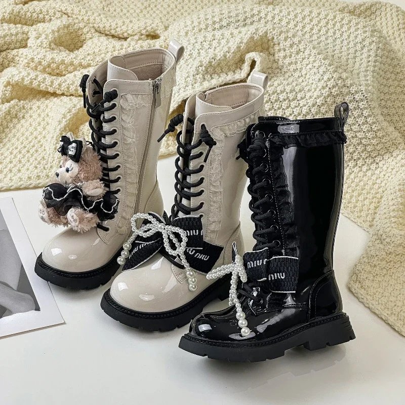 Winter Children Girls Cute Cartoon Pearls Plush Warm Long Boots Teen Kids Toddler Girl Outdoor Princess Casual Snow Boots