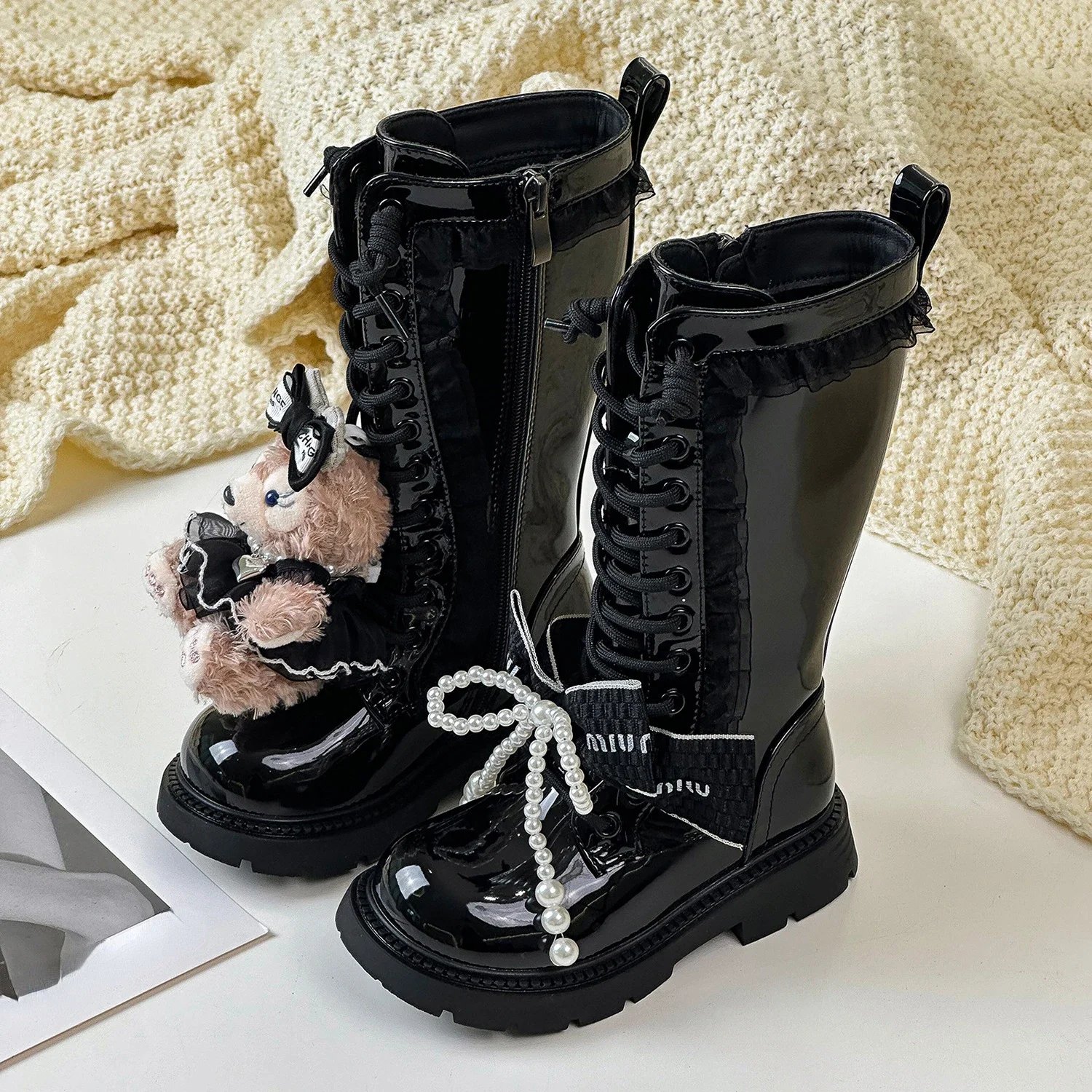 Winter Children Girls Cute Cartoon Pearls Plush Warm Long Boots Teen Kids Toddler Girl Outdoor Princess Casual Snow Boots