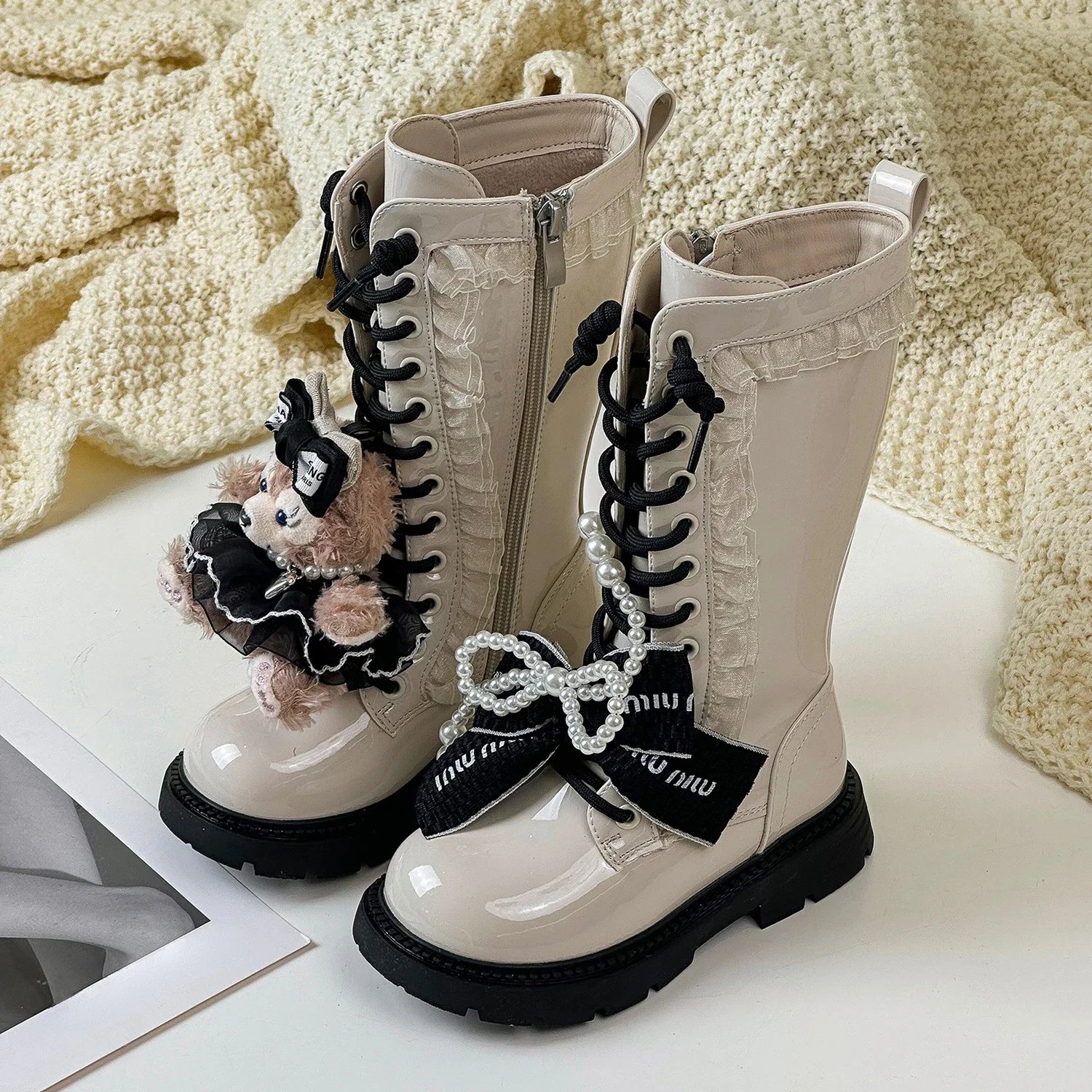 Winter Children Girls Cute Cartoon Pearls Plush Warm Long Boots Teen Kids Toddler Girl Outdoor Princess Casual Snow Boots