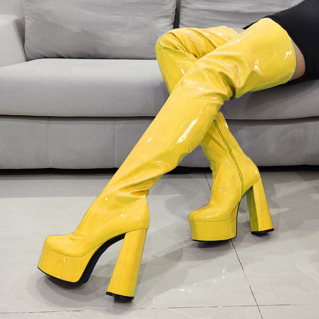 Waterproof Platform Knee Leather Boots Women's Solid Color Patent Leather High Heel Over Knee Boots Plus Size Stage Boots