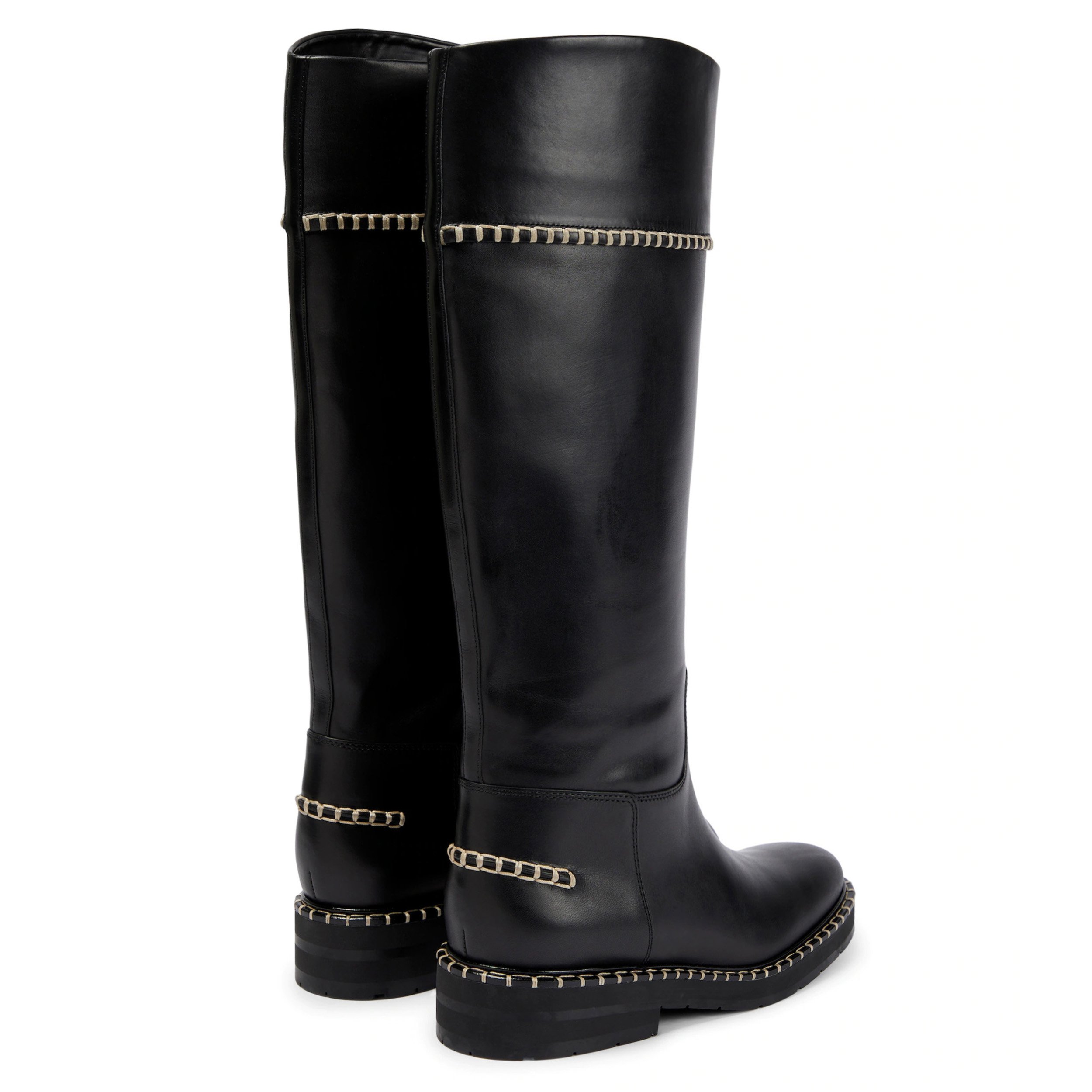 Comfortable Square Toe Flat Long Riding Boots Hand Stitched Black Knee High Boots Women's Slip-On Wide Calf Winter Boots