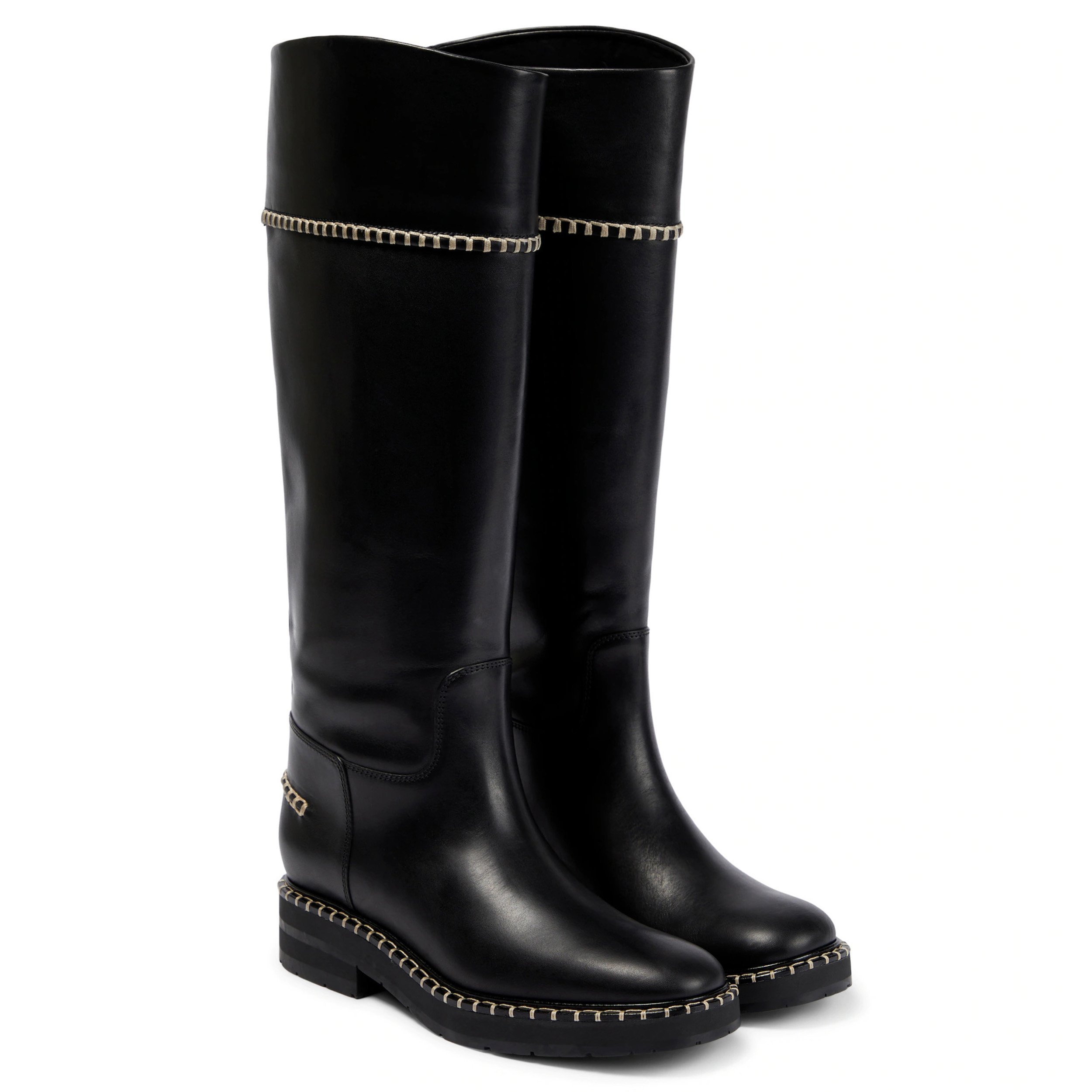 Comfortable Square Toe Flat Long Riding Boots Hand Stitched Black Knee High Boots Women's Slip-On Wide Calf Winter Boots