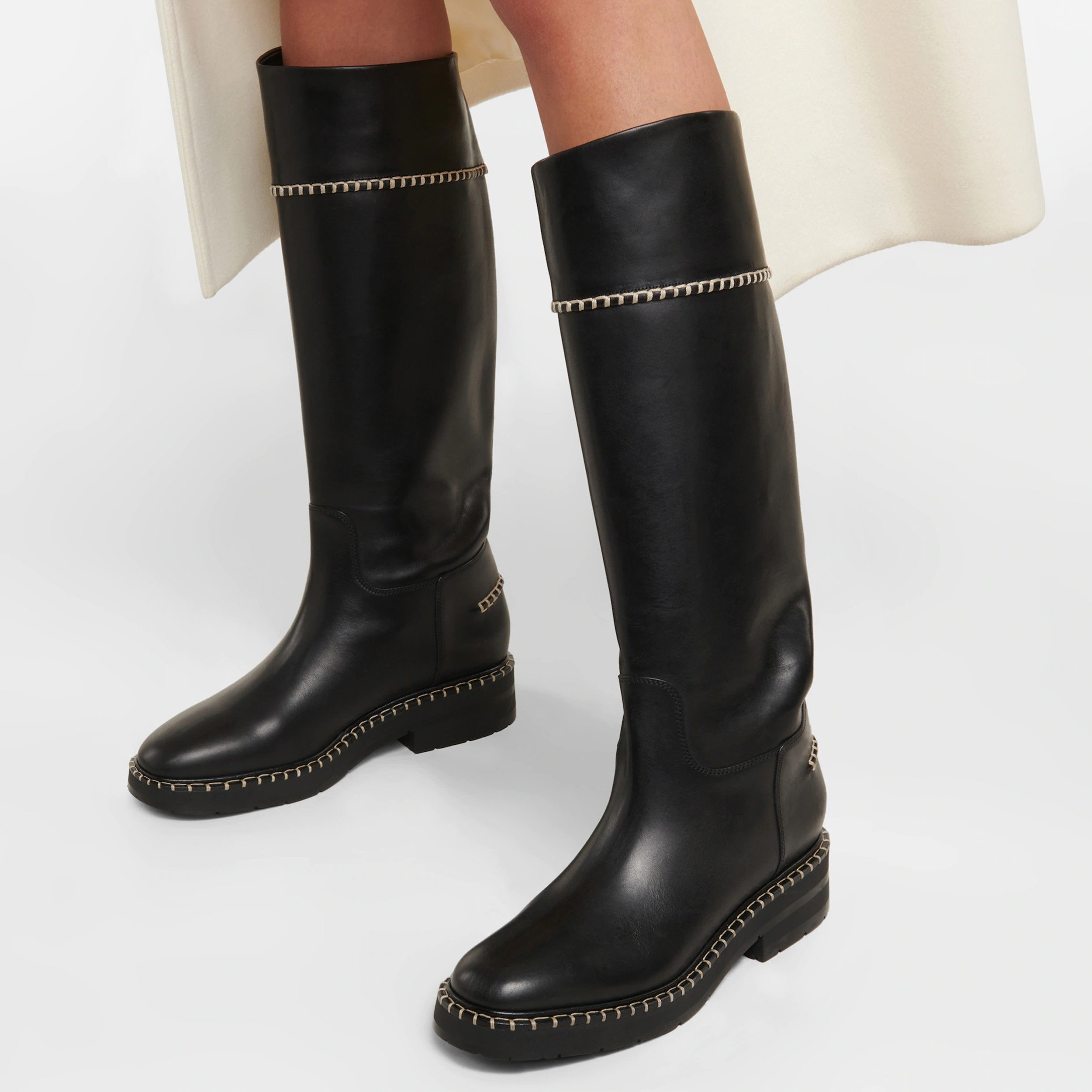 Comfortable Square Toe Flat Long Riding Boots Hand Stitched Black Knee High Boots Women's Slip-On Wide Calf Winter Boots