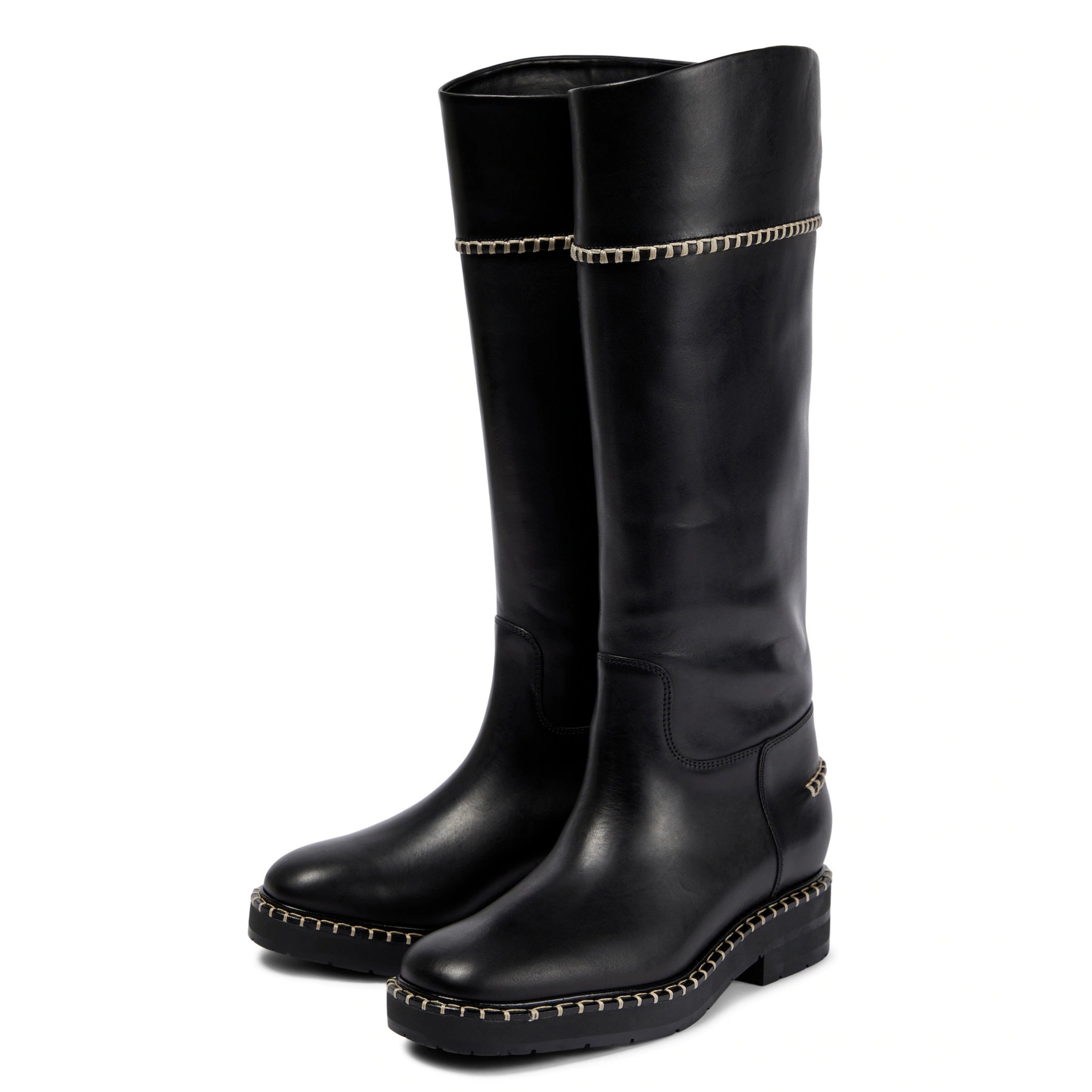 Comfortable Square Toe Flat Long Riding Boots Hand Stitched Black Knee High Boots Women's Slip-On Wide Calf Winter Boots
