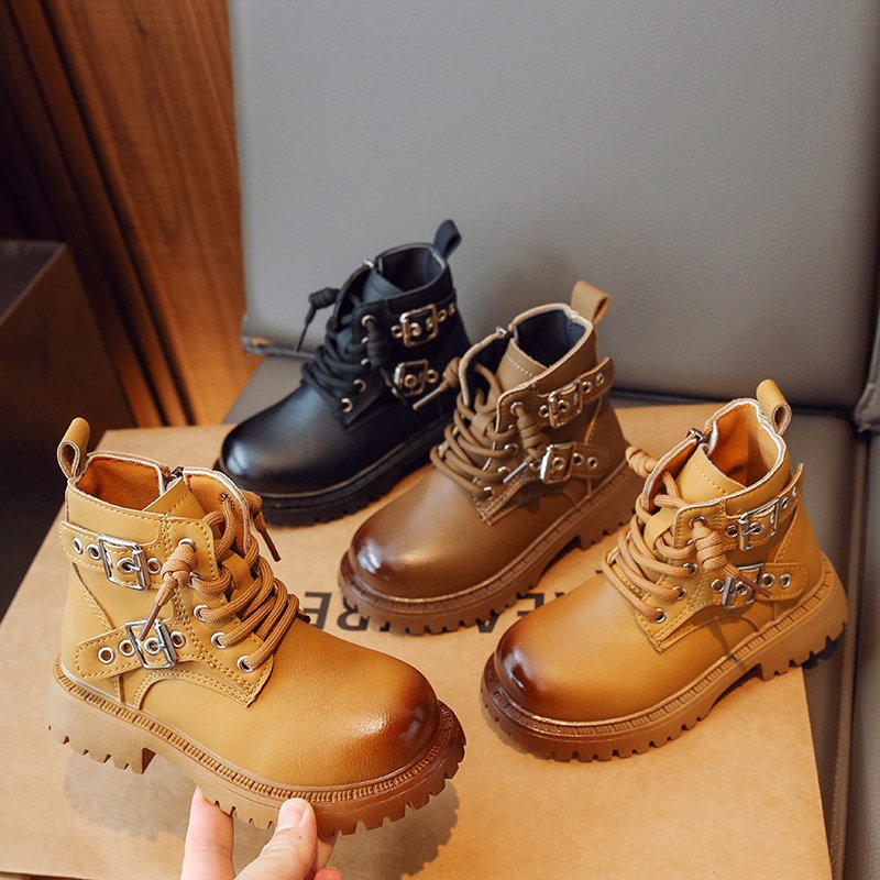 Winter Cashmere Plush Leather Short Boots Children's Boot Fashion Shoes Waterproof Plush Kids Warm with Chain