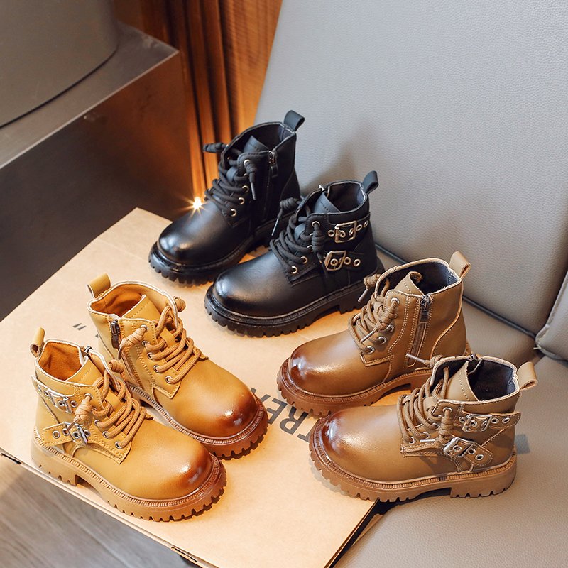 Winter Cashmere Plush Leather Short Boots Children's Boot Fashion Shoes Waterproof Plush Kids Warm with Chain