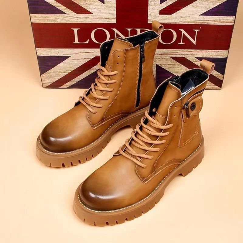 Martin Men's High Top British Style Workwear Winter Hiking Boots Made of Genuine Leather Retro Plush Premium Feel Thick Sole