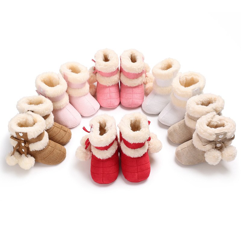 Warm Winter Outdoor Infant Plush And Wool Ball Rubber Soft Sole Lovely Bowknot Toddler Baby Boots