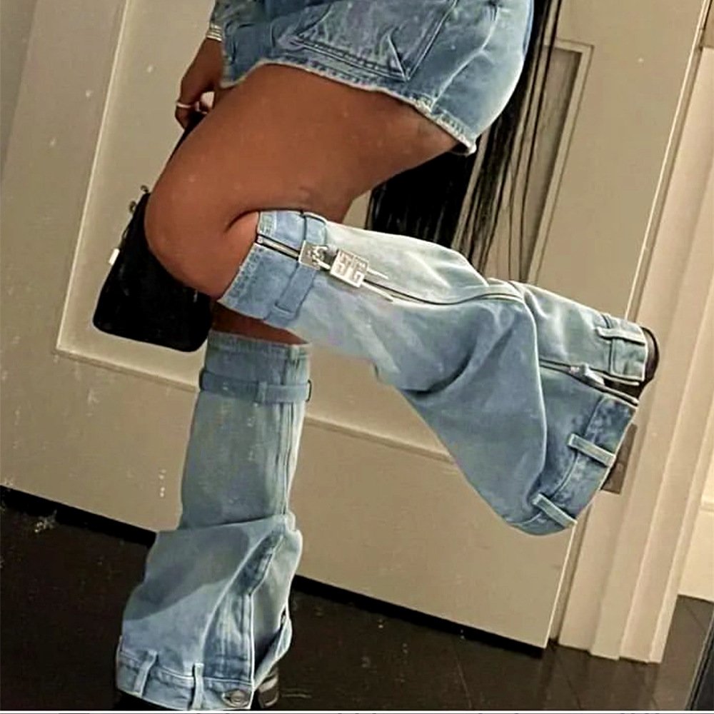 QY315 2023 Fashionable Platform Cowboy Boots Spring Autumn Casual Long Barrel Belt Buckle Boots Shark Round Toe Boots For Women