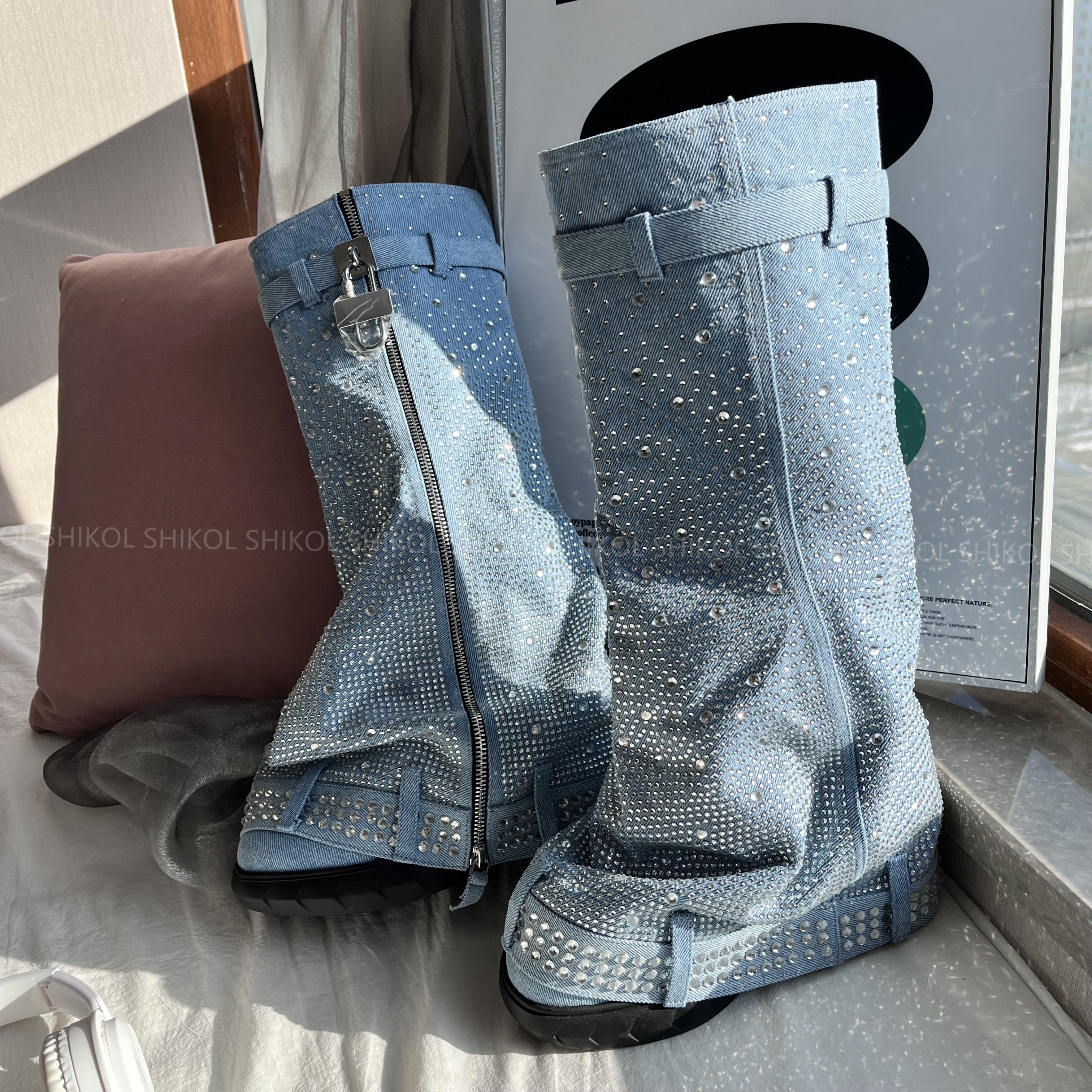 SHIKOL Rhinestone Shark Boots For Women Blue Denim Wedge Heels Diamond Fold Lock Shoes Custom Women Rhinestone Knee High Boots