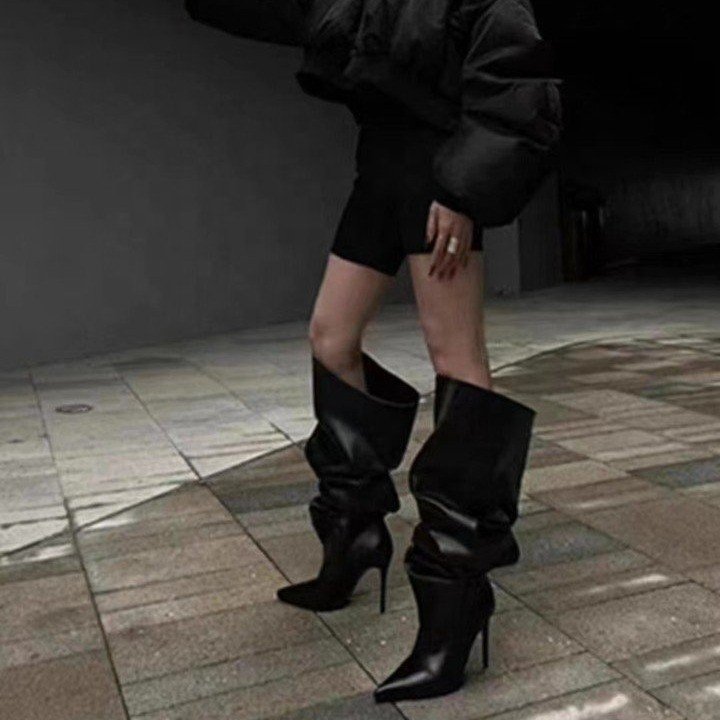 European And American Pointy Skinny And Hot Girls Pleated Pile Boots Tall Chelsea Knight Boots Long Skinny Leather Boots Girl