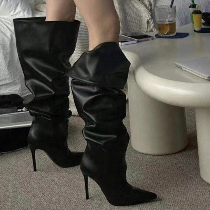 European And American Pointy Skinny And Hot Girls Pleated Pile Boots Tall Chelsea Knight Boots Long Skinny Leather Boots Girl
