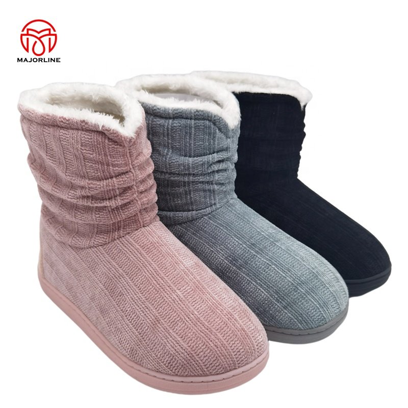 OEM customized Logo indoor boots TPR rubber outsole winter home flat slipper boots faux fur plush house boots for women