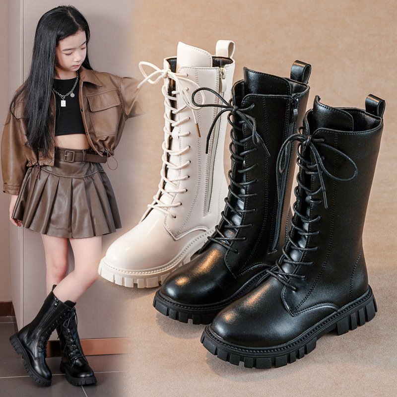 New Fashion Lace Up Mid Calf High Motorcycle Boots Girl Fashion Cross Tied Chunky Heel Woman Shoes Soft Soled Thick Bottom
