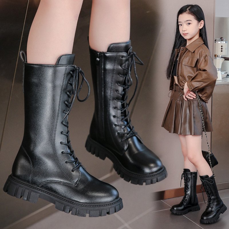 New Fashion Lace Up Mid Calf High Motorcycle Boots Girl Fashion Cross Tied Chunky Heel Woman Shoes Soft Soled Thick Bottom