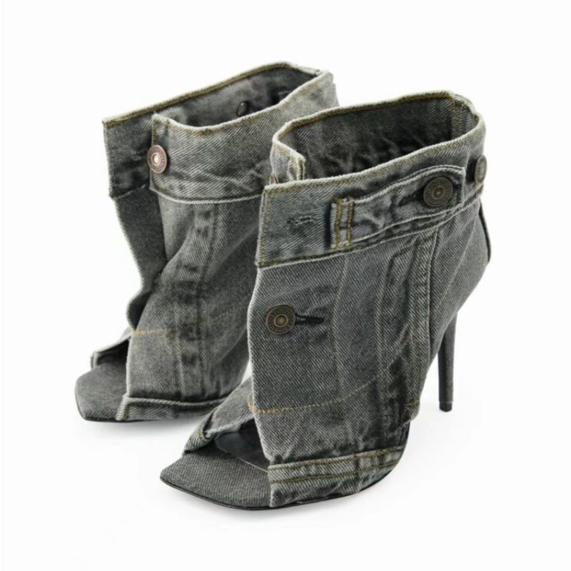 Botas Dama Custom Design Ankle High Heels Sexy Women's Peep Toe Denim Boots