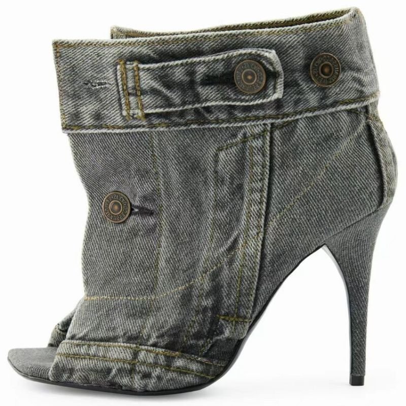 Botas Dama Custom Design Ankle High Heels Sexy Women's Peep Toe Denim Boots
