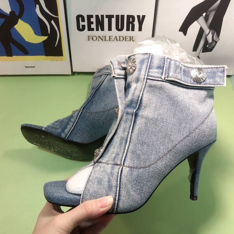 Botas Dama Custom Design Ankle High Heels Sexy Women's Peep Toe Denim Boots
