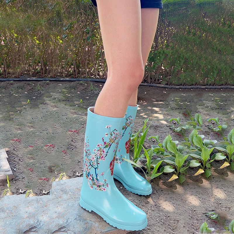 Copyright print fashion Chinese fad waterproof rubber shoes long rain gum boots women for ladies wholesale