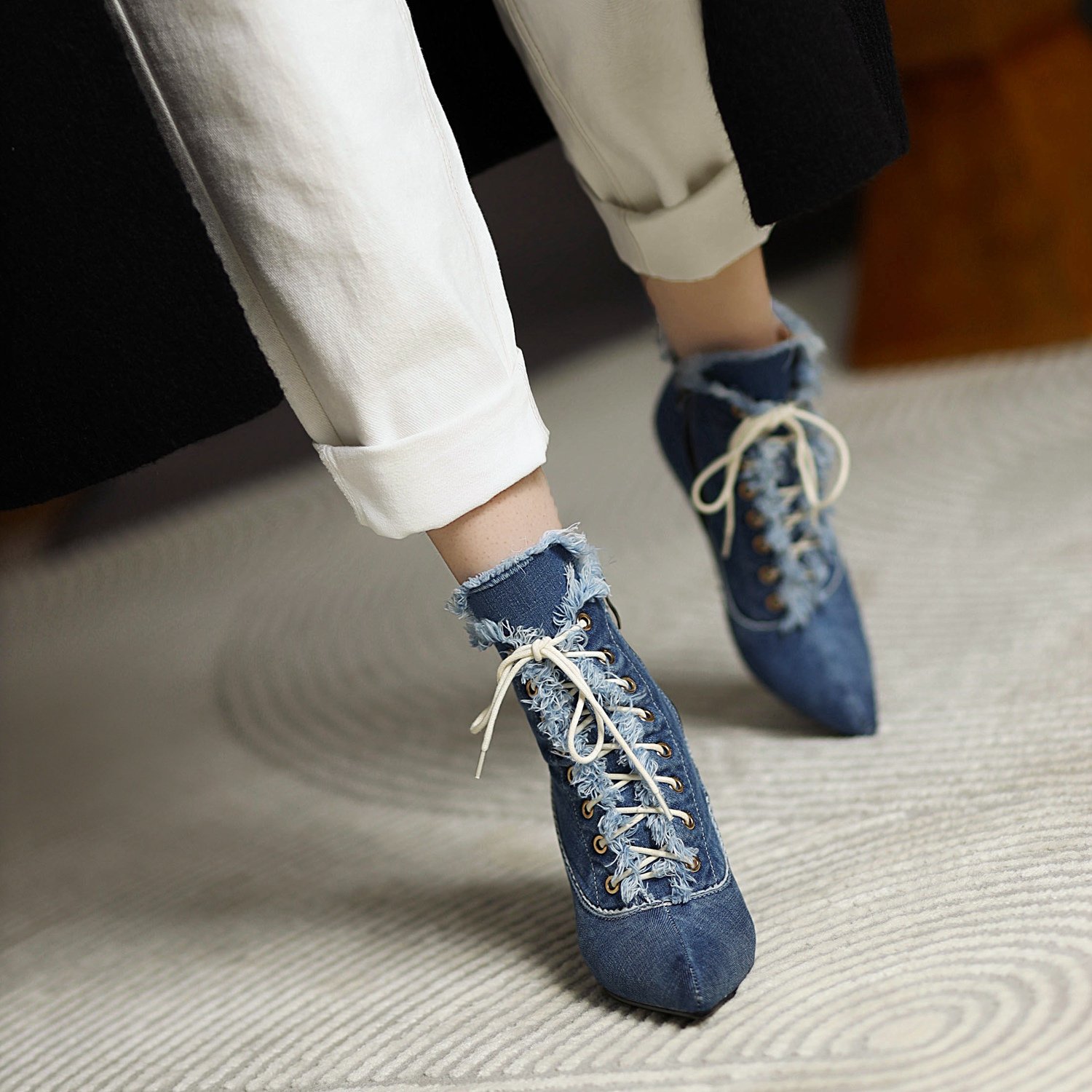2024 New Design Lace-up Thin High Heel Women Pumps Denim Pointy Toe Ankle Boots For Women