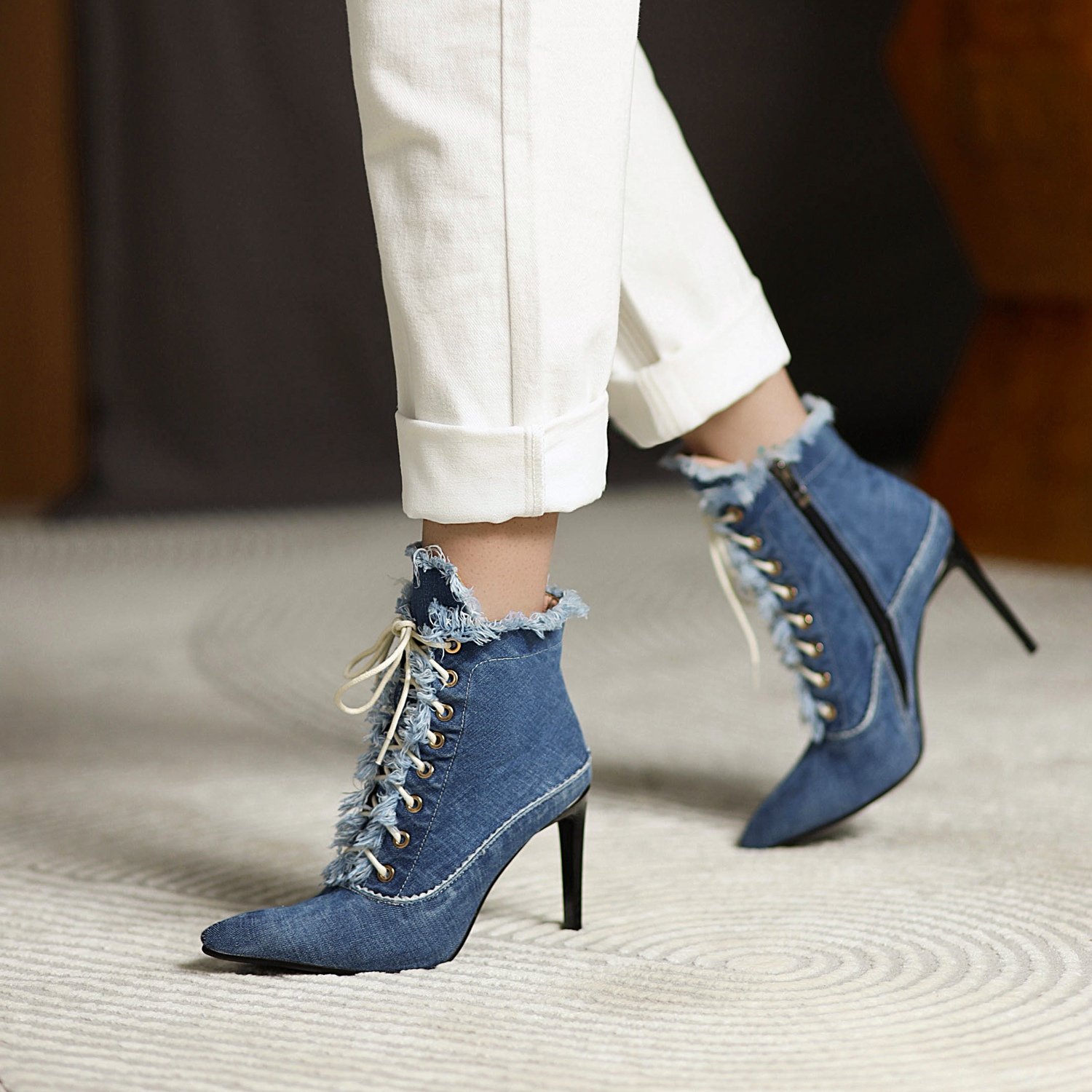2024 New Design Lace-up Thin High Heel Women Pumps Denim Pointy Toe Ankle Boots For Women