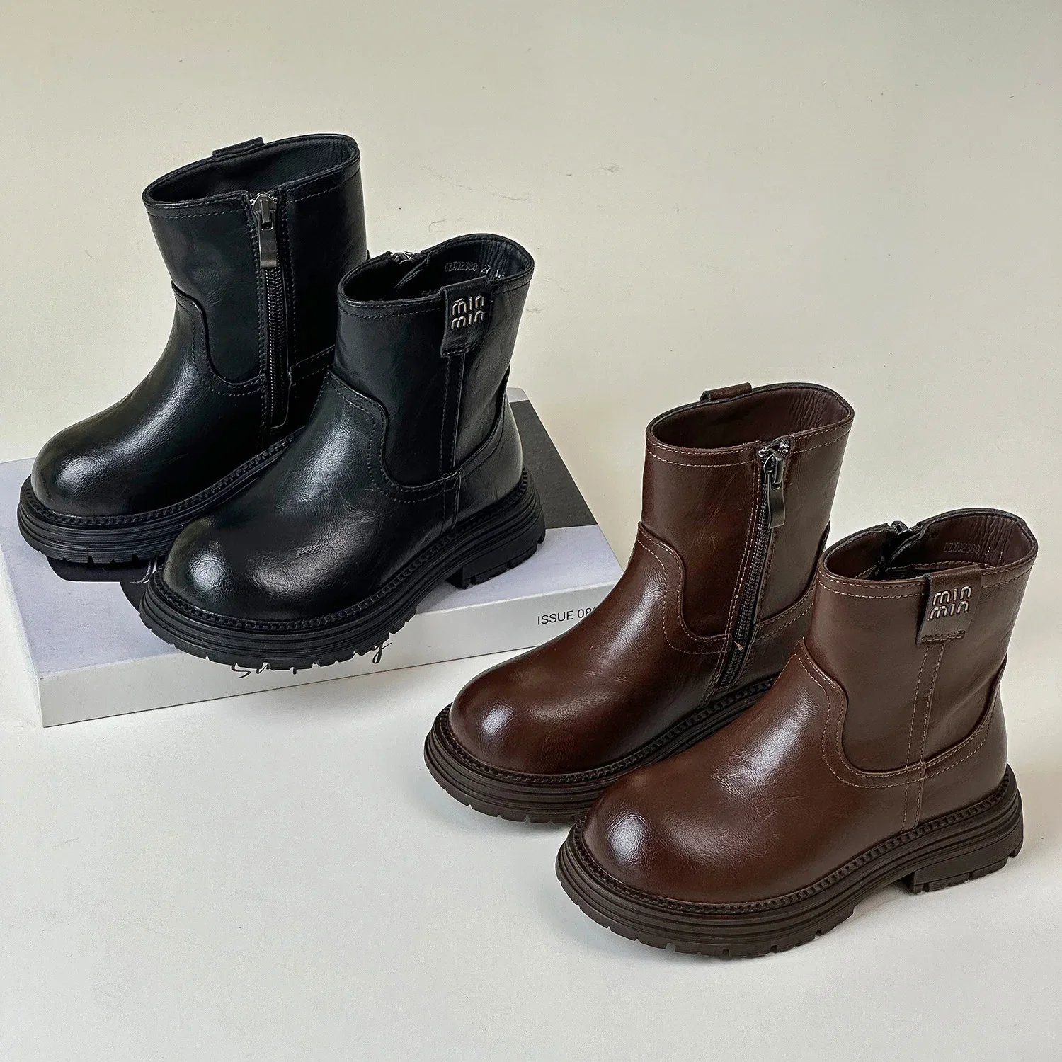 Autumn Children's Boys Girls Round Toe Chunky Heel Fashion Ankle Boots Winter Kids Toddler ZIP Solid Short Modern Boots