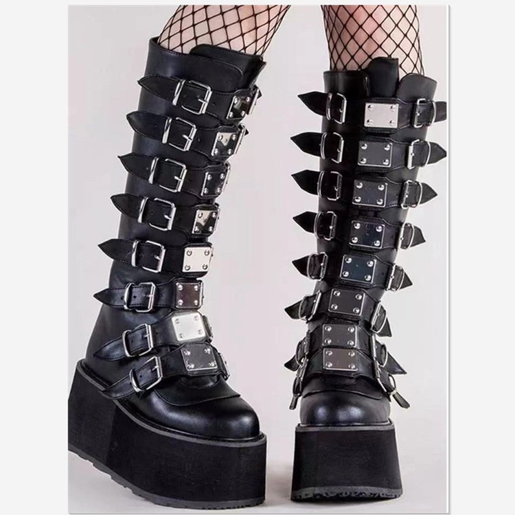 Womens Chunky Platform Knee High Boots High Heel Round-Toe Zip Punk Goth Mid Calf Combat Boots For Women