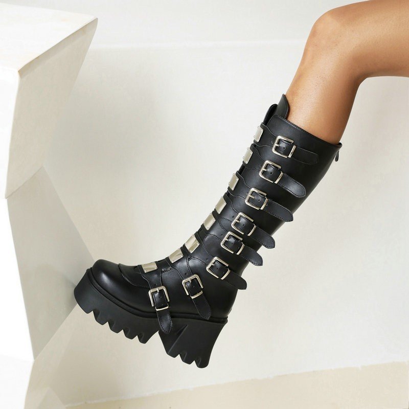 Womens Chunky Platform Knee High Boots High Heel Round-Toe Zip Punk Goth Mid Calf Combat Boots For Women