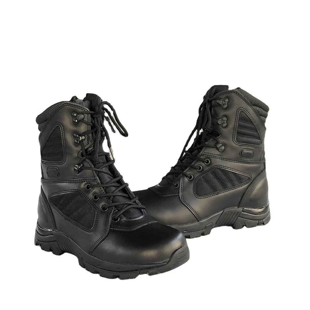 DF stock Black Cow leather black tactical boots long hiking boots genuine leather with side zip or no zip