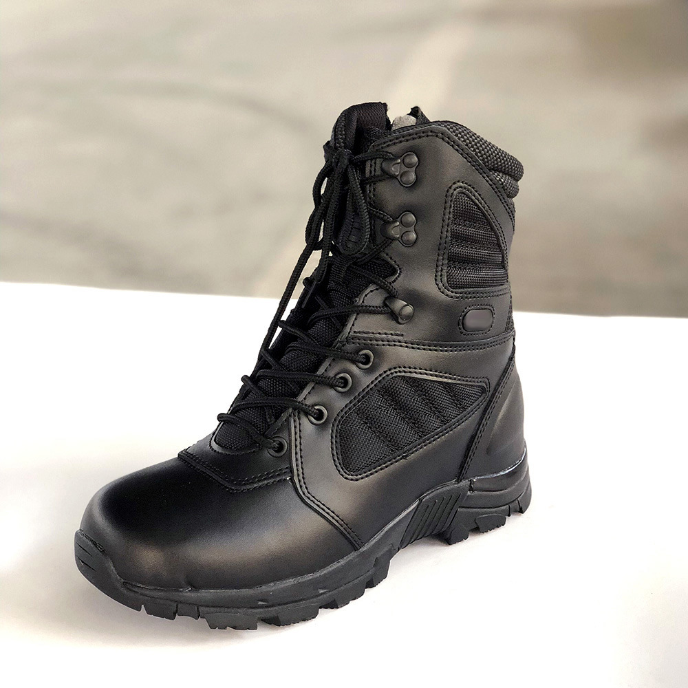 DF stock Black Cow leather black tactical boots long hiking boots genuine leather with side zip or no zip