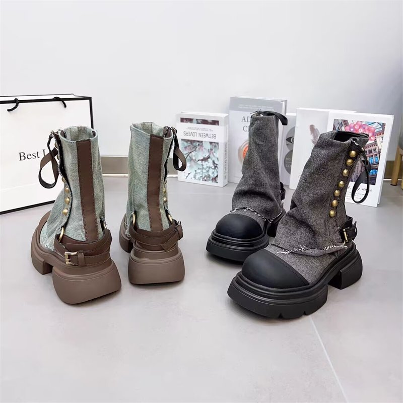 IDOIT Dropshipping Design Female Patchwork Casual Jean Shoes Platform Rivet Decoration Denim Chunky Boots Women Shoes