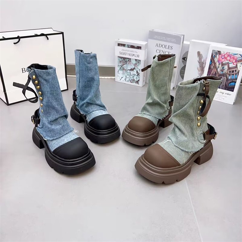IDOIT Dropshipping Design Female Patchwork Casual Jean Shoes Platform Rivet Decoration Denim Chunky Boots Women Shoes