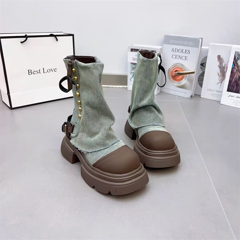 IDOIT Dropshipping Design Female Patchwork Casual Jean Shoes Platform Rivet Decoration Denim Chunky Boots Women Shoes