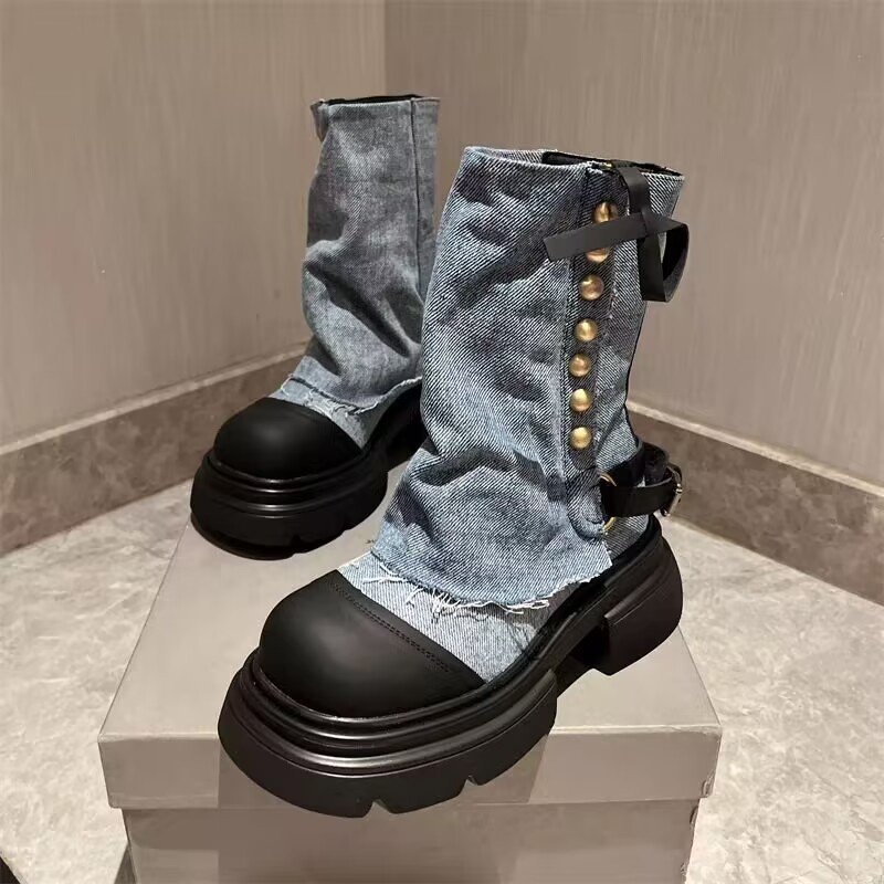 IDOIT Dropshipping Design Female Patchwork Casual Jean Shoes Platform Rivet Decoration Denim Chunky Boots Women Shoes