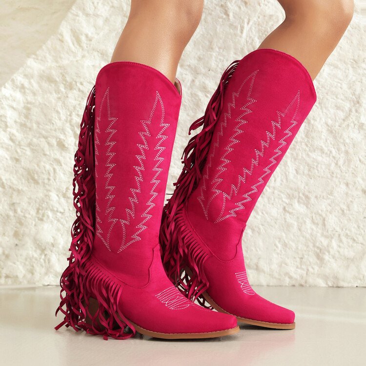 SHIKOL cowboy women boots Hot Pink Suede Embroidery Fringe Knee High Boots For Women Thick Heels Ladies Women's Cowboy Boots