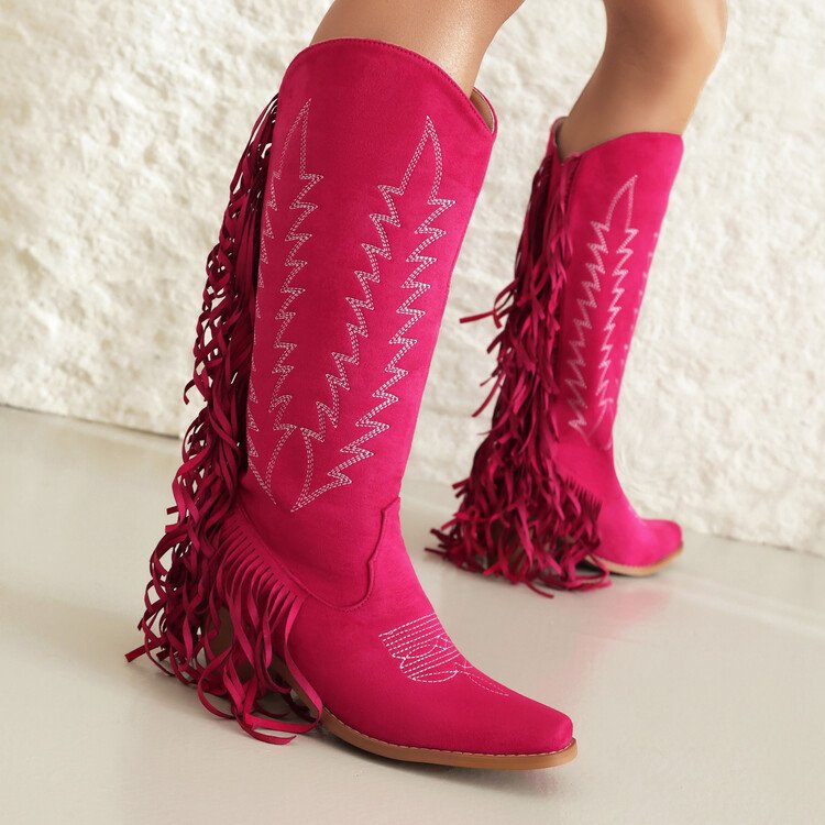 SHIKOL cowboy women boots Hot Pink Suede Embroidery Fringe Knee High Boots For Women Thick Heels Ladies Women's Cowboy Boots
