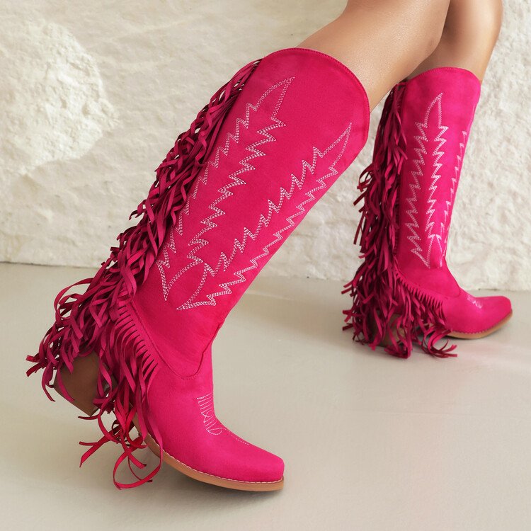 SHIKOL cowboy women boots Hot Pink Suede Embroidery Fringe Knee High Boots For Women Thick Heels Ladies Women's Cowboy Boots
