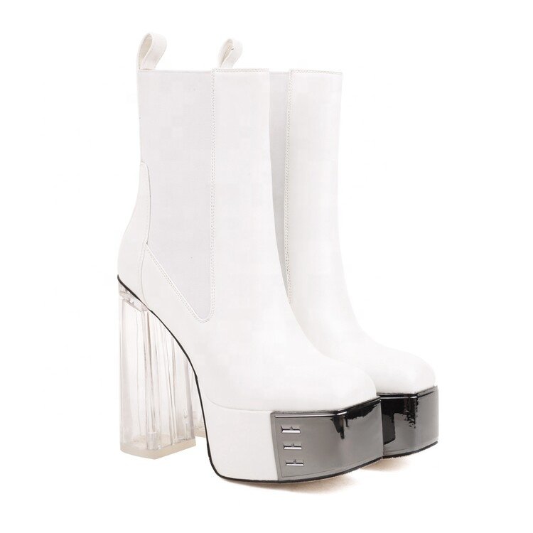 2022 European Style Apricot Elastic Adjustment Square Clear Chunky Platform Boots For Women Knee Short Platform Boots