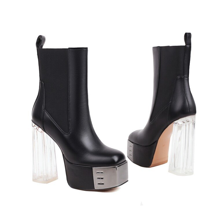 2022 European Style Apricot Elastic Adjustment Square Clear Chunky Platform Boots For Women Knee Short Platform Boots