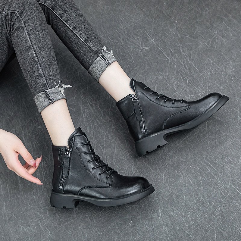 Women's Classic Mid Calf Winter Snow Boot Genuine Leather Wide Shaft Wedge Heel Luxury Women Ankle Boots