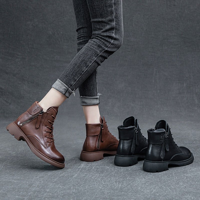 Women's Classic Mid Calf Winter Snow Boot Genuine Leather Wide Shaft Wedge Heel Luxury Women Ankle Boots