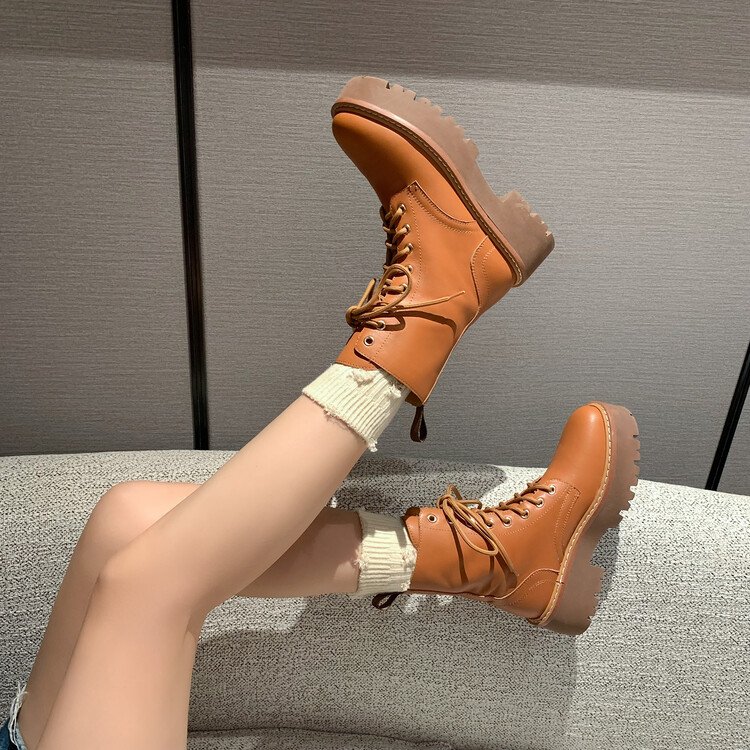 Cialisa Handmade Brown Black Ladies Shoes Genuine Leather Platform Flats Chunky Heels Winter Women Boots Ankle & Bootie