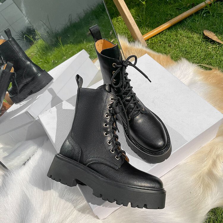 Cialisa Handmade Brown Black Ladies Shoes Genuine Leather Platform Flats Chunky Heels Winter Women Boots Ankle & Bootie