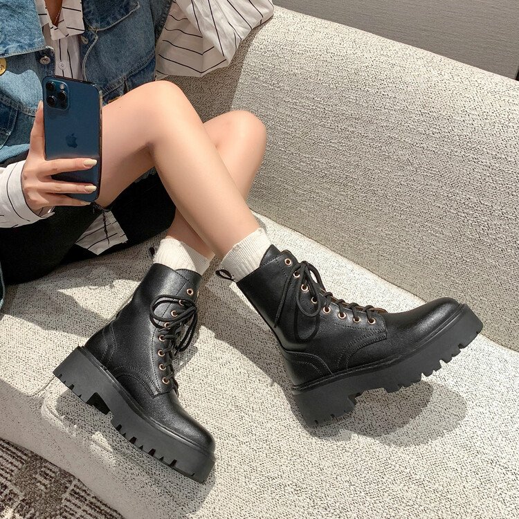 Cialisa Handmade Brown Black Ladies Shoes Genuine Leather Platform Flats Chunky Heels Winter Women Boots Ankle & Bootie