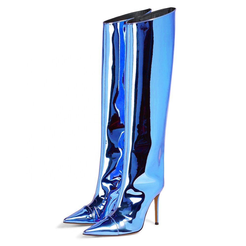 2023 New Fashion Metallic Shoes Women Mirror Leather Pointed Toe Stiletto High Heels Long Boot Knee High Boots