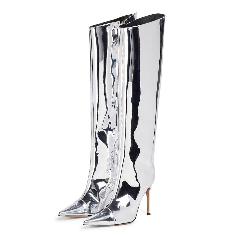 2023 New Fashion Metallic Shoes Women Mirror Leather Pointed Toe Stiletto High Heels Long Boot Knee High Boots