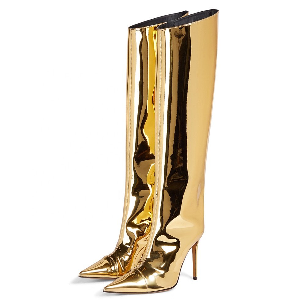 2023 New Fashion Metallic Shoes Women Mirror Leather Pointed Toe Stiletto High Heels Long Boot Knee High Boots