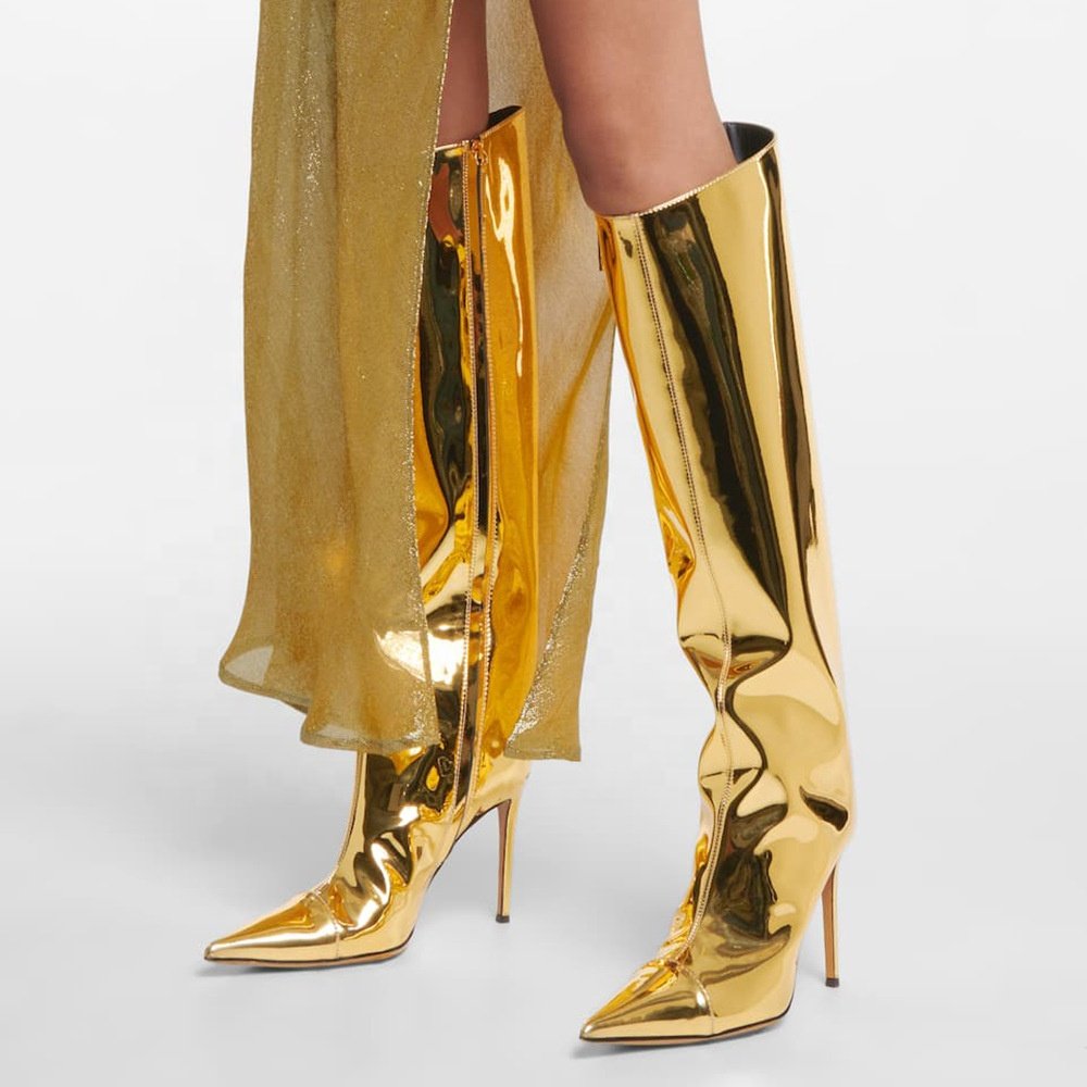 2023 New Fashion Metallic Shoes Women Mirror Leather Pointed Toe Stiletto High Heels Long Boot Knee High Boots