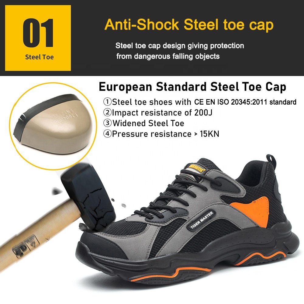 Black slip resistant PU sole puncture proof lightweight sneaker safety shoes men women steel toe work boots