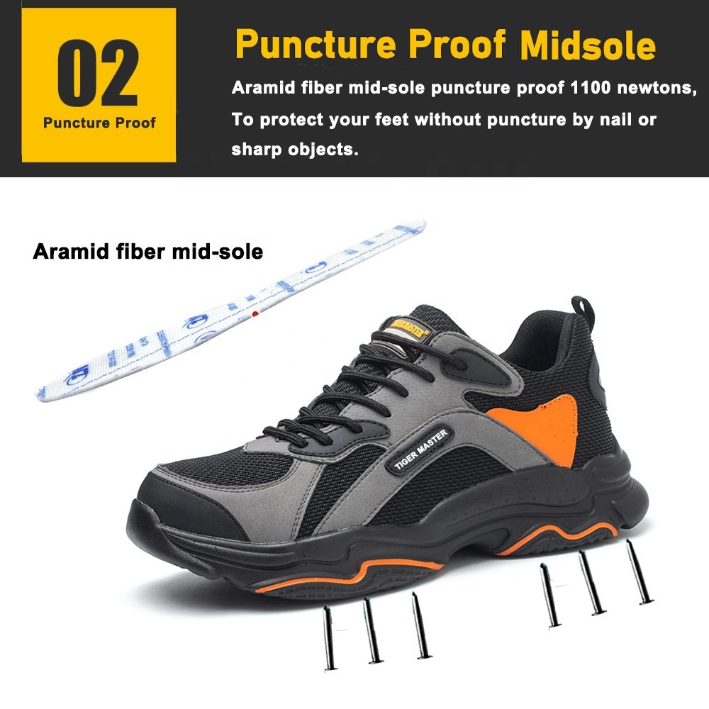 Black slip resistant PU sole puncture proof lightweight sneaker safety shoes men women steel toe work boots